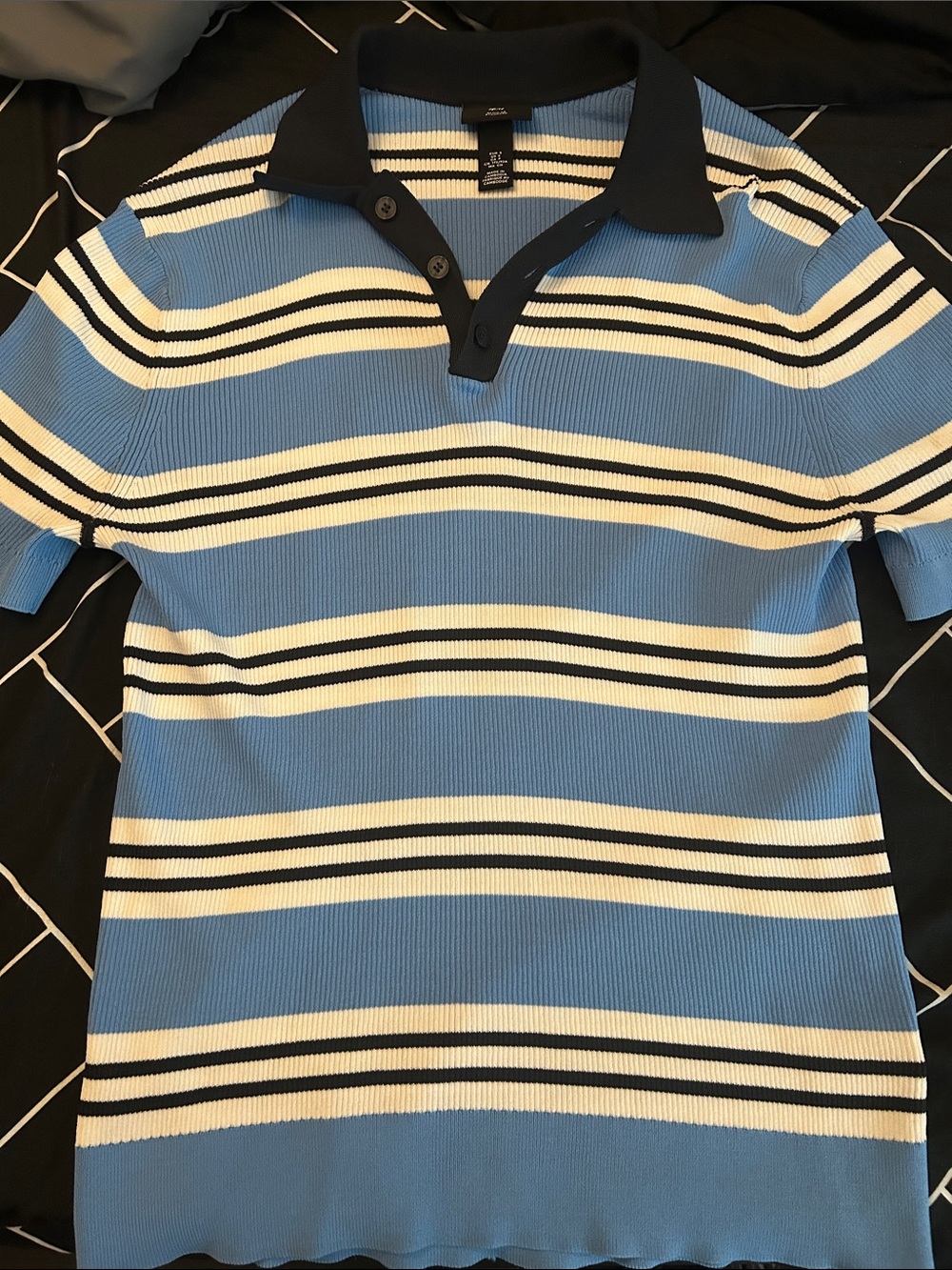 H&M Blue, White & Black Striped Polo Knit Top